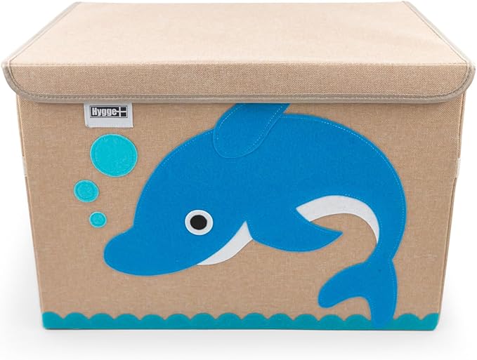 HYGGE + Animial Toy Storage Bin with Lid 20.8" x 13" x 13" Durable fabric & lightweight design. Great for storing toys, books, linens, games, clothing, baby products & more! (Dolphin)