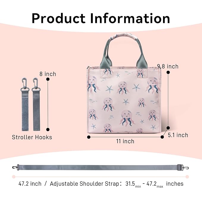 PHEBEN Small Diaper Bag Tote Waterproof Travel Mini Diaper Bag Multi-Function Baby Handbag Crossbody Purse(Pink Octopus)