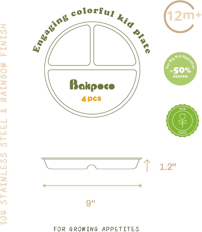 Bakpoco Stainless Steel Kids Plates 4 Packs, Deepened 9" Portion Control Plate Divided Plate for Toddlers Bigger Appetite, Non Toxic Unbreakable Metal Lunch Dishes, Colorful