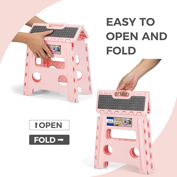 ACKO Folding Step Stool 13 inch Height Premium Heavy Duty Foldable Step Stools for Adults and Kids, Kitchen Plastic Small Collapsible Stepping Stool Hold Up to 300 LB Dot Pink (1 Pack)