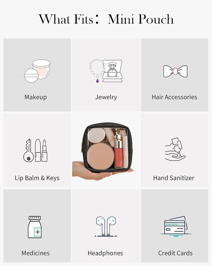 Pocmimut Clear Makeup Bag, Easy to Find Mini Makeup Bag for Purse, Travel Makeup Bag for Car, Compact Cosmetic Pouch for Daily Essentials,Black