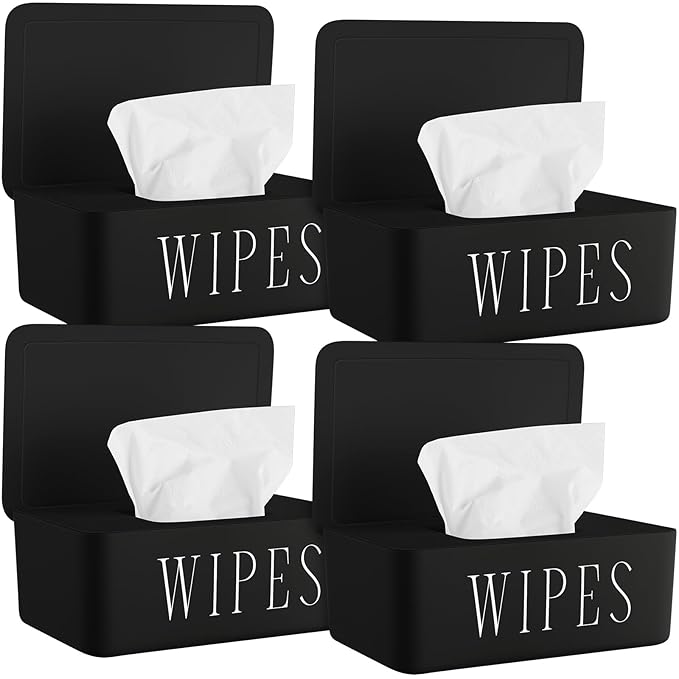 Singhoow 4 Pack Baby Wipes Dispenser Refillable Wipe Holder with Lid Toilet Wipes Container for Bathroom Tissue Paper Storage Box for Home Office (Black)