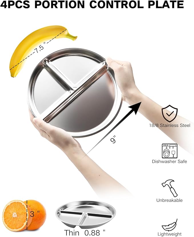 Bakpoco Stainless Steel Kids Plates Set of 4, 9" Portion Control Plates Divided Plate for Adults Toddlers Balance Lunch, Bariatric & Diabetic Diet, Non Toxic Camping Metal Snack Plate for Eating
