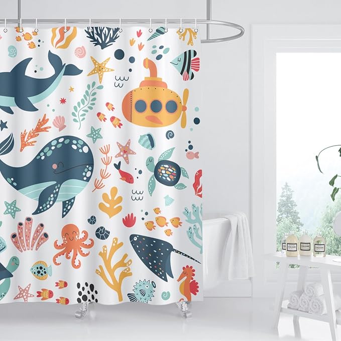Kids Cartoon Ocean Shower Curtain Cute Fish Sea Turtle Whale Dolphin Funny Underwater Submarine Animal Sea Life Children Boy Home Bathroom Decor Waterproof Fabric 72Lx72W Inch with 12PCS Hooks