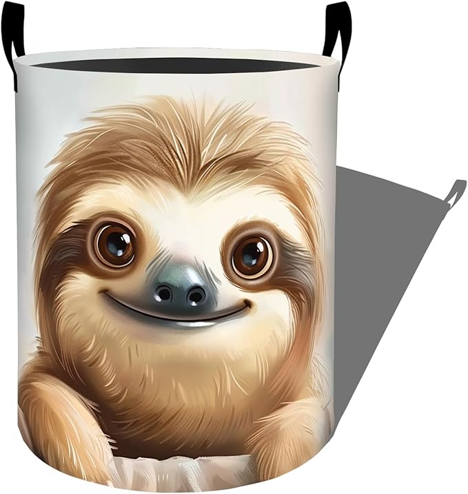 Cute Smiling Sloth with Big Eyes Laundry Basket with Handles, 19.7"x15.7" Clothes Foldable Laundry Hamper Organizer for Dorm Nursery Bedroom Bathroom Decor, Toy Storage Bin for Kids