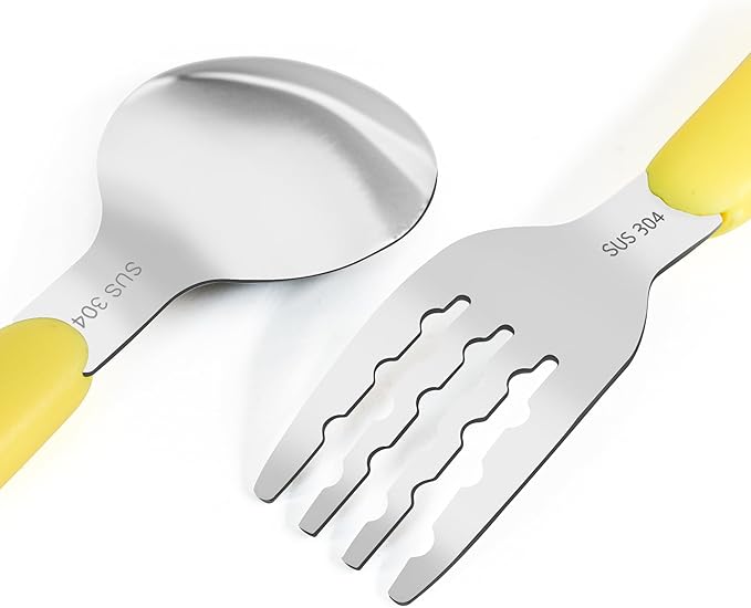VANRA 2 Pieces Toddler Fork and Spoon Set with Travel Case 18/8 Stainless Steel Toddler Utensils Kids Silverware Children Flatware Child Cutlery Set for School Lunch Box (Yellow)