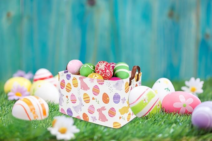 Sanjiaofen Rectangular Easter Baskets, Kids Easter Basket Organizer.Cute Storage Basket with Handles.Boys and Girls,Easter Bunny Eggs Decor,Toys,Books,Easter Gifts (Rabbit Easter Eggs ) …