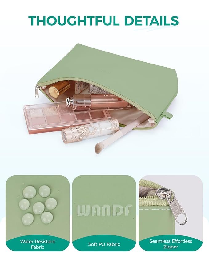 WANDF Cosmetic Bag for Women Makeup bag Organizer Mini Makeup Pouch for Purse Water Resistant Girls Gift(Pure Green)