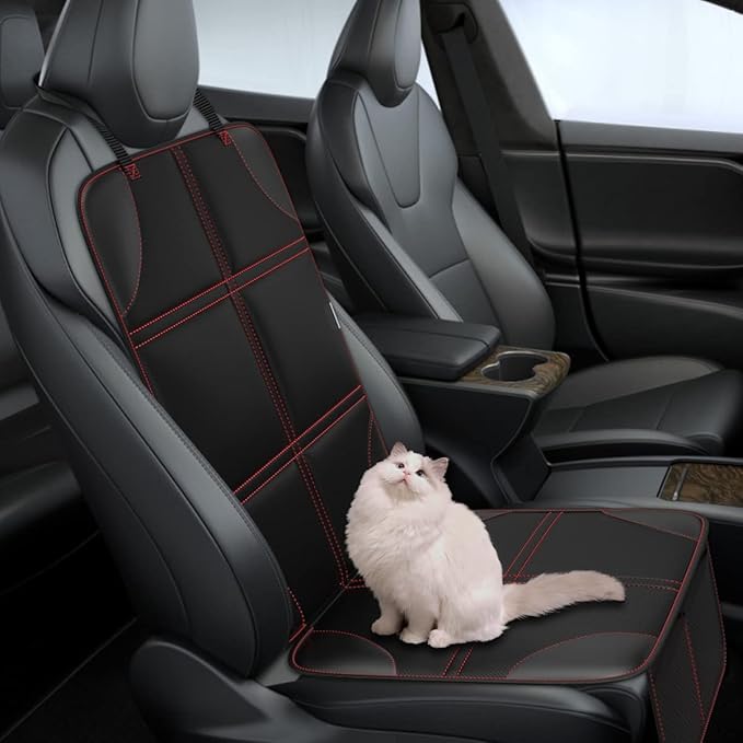Meolsaek Car Seat Protector, Non-Slip Backing Will Not Leave Imprint, Waterproof Thicker Car Seat Cover for SUV, Sedan, Truck, Leather Car Seat Cushion (Black with Red Stitching 1pc)