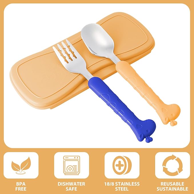 lohodo Toddler Utensils Kids Spoon and Fork Set 18/8 Stainless Steel Silverware BPA Free Blue & Yellow Cute Giraffe Child Flatware with Travel Case for Age 3+