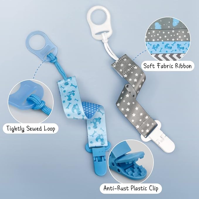 4 Pack Pacifier Holder Clips for Boys, Dummy Clips Boys with Adapters, Silicone Binky Clips for Baby Teething Toys Baby Shower