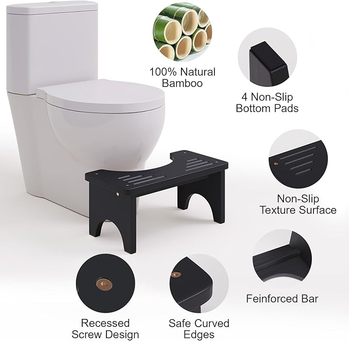 Uaniar Black Poop Stool Adult, Bamboo Wooden Toilet Stool Squat, Squatting Pooping Stools for Adults, Wood Toilet Foot Potty for Bathroom, Black