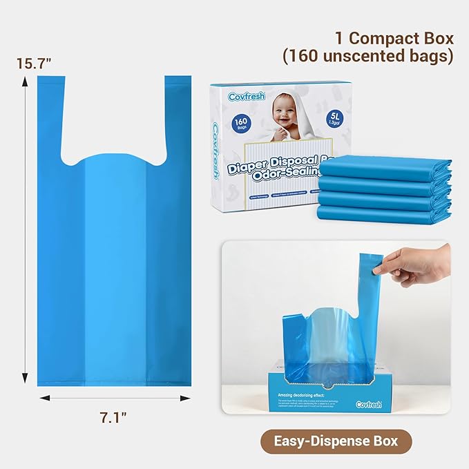 Odor Sealing Diaper Disposable Bags with Tie Handle, 160 count | Large Capacity, Unscented & Durable Diaper Trash Bags for Home & Baby Travel Use (Color:Blue)