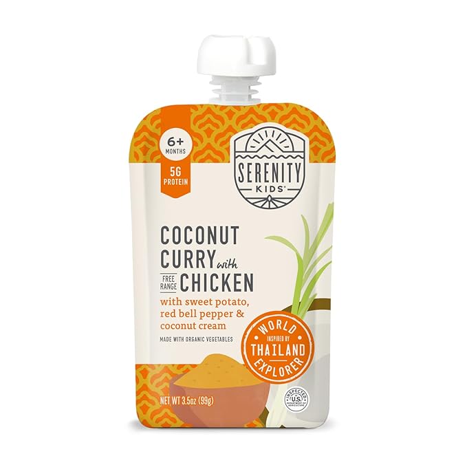 Serenity Kids 6+ Months World Explorers Baby Food Pouches Puree Made With Ethically Sourced Meats & Organic Veggies | 3.5 Ounce BPA-Free Pouch | Chicken Coconut Curry | 1 Count
