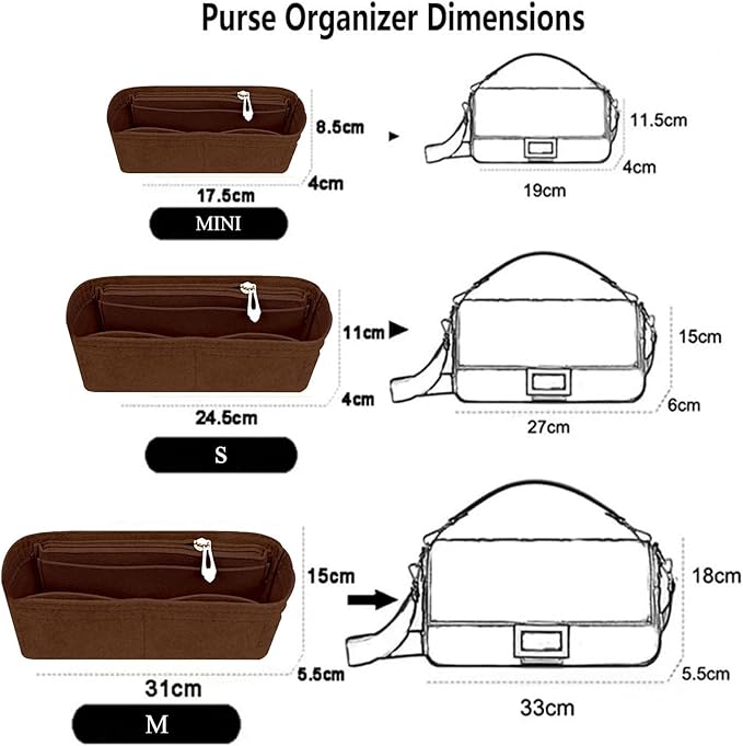 Chispee Felt Bag Organizer Insert with Zipper for Baguette, Small Tote, Mini & Coffee Inner Bladder Storage