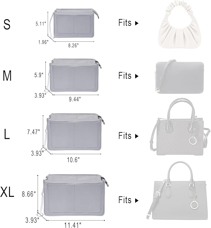 Vercord Purse Organizer Insert with Zipper for Women Hobo Handbags Shaper Insert 12 Pockets Bag Grey Medium