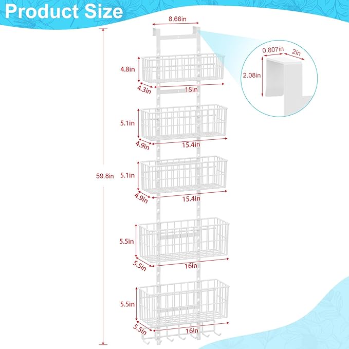 Over The Door Organizer, Hanging Door Organizer with 5 Metal Baskets, Behind The Door Storage for Pantry Closet Bedroom Bathroom Cabinet Kitchen, White
