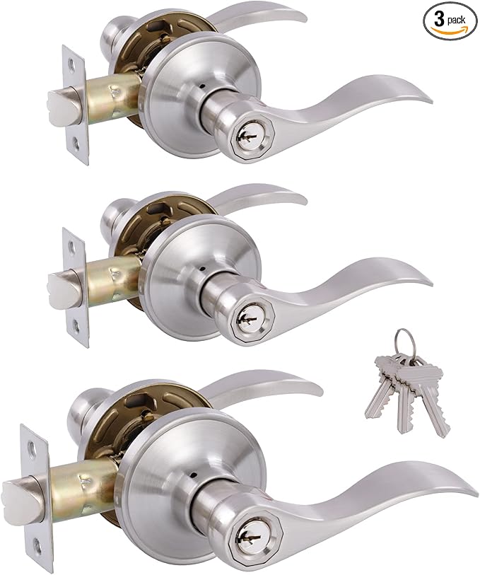 (3 Pack) Door Levers Interior Keyed Difference Entry Front/Bedroom Door Handles for Left and Right Opened Door with Lock and Keys Set in Satin Nickel