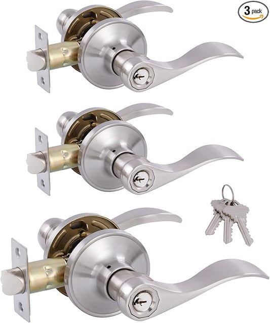(3 Pack) Door Levers Interior Keyed Difference Entry Front/Bedroom Door Handles for Left and Right Opened Door with Lock and Keys Set in Satin Nickel