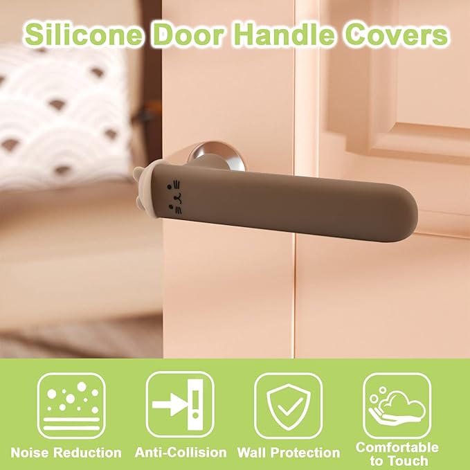 Door Handle Covers, 2Pcs Brown Silicone Door Handle Glove Covers Cat Pattern Door Knob Covers Anti-Static Safety Door Knob Protector with Clear Anti-Collision Adhesive Strip
