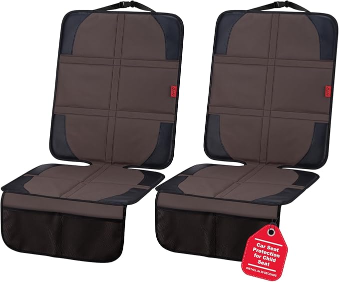 Car Seat Protector with Thick Padding + XL Large Car Seat Cover for Child Car seat, Eco Friendly Waterproof & Durable Fabric + 2 Storage Pockets Protect Fabric or Leather Seats 2Pack (Brown)