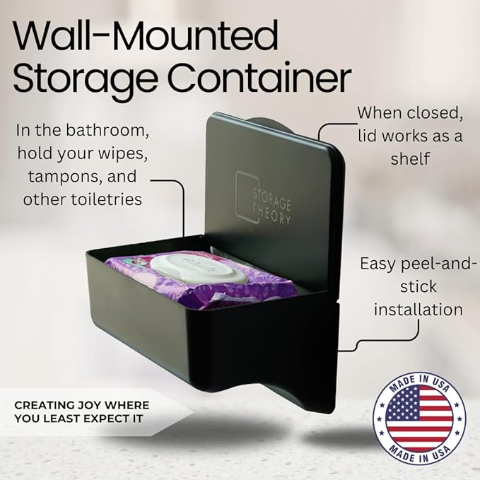 Wipe Holder for Bathroom – Adhesive Wall Mount Organizer – Bathroom Shelf & Baby Wipes Dispenser – Black, 2 Pack