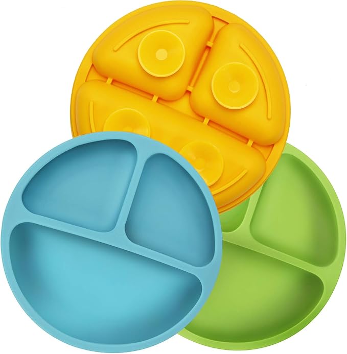 PandaEar 3 Pack Toddler Plates, Silicone Divided Suction Plate for Babies, BPA-Free 100% Food-Grade Silicone Unbreakable Baby Plate (Blue/Green/Yellow)