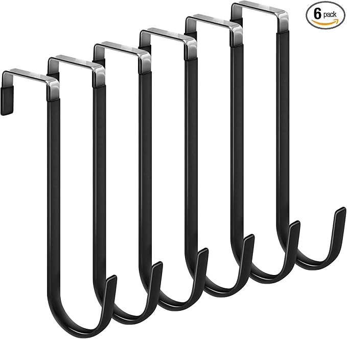 FYY Over the Door Hooks, 6 Pack Upgraded Long Door Hangers Hooks with Rubber Prevent Scratches Heavy Duty Organizer Hooks for Hanging Clothes, Towels, Hats, Coats, Bags Black