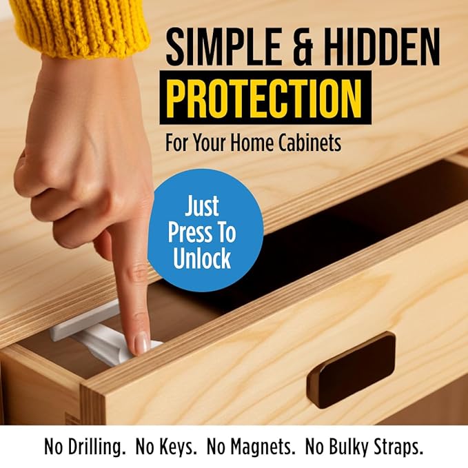 Cabinet Locks for Babies - Child Safety Latches 10 Pack - Invisible Adhesive Baby Proofing Drawer Locks - Works with Most Cabinets and Drawers - No Drilling Installation - (White)