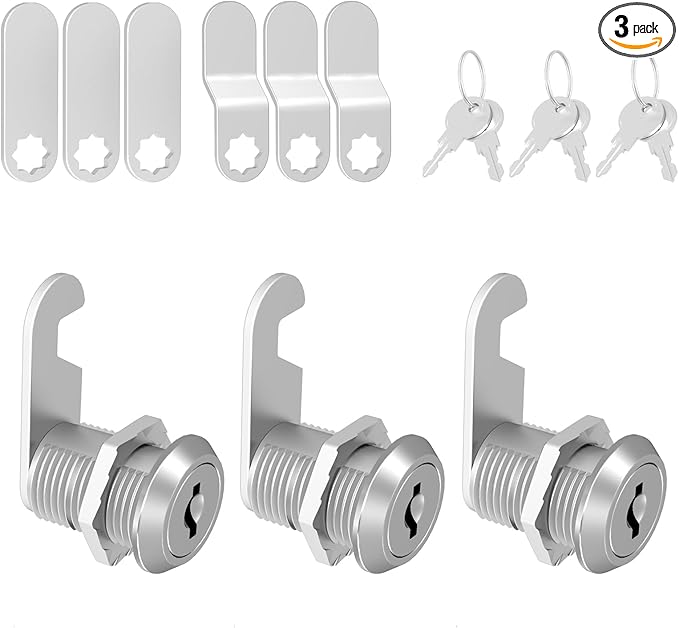 3 Pcs Cabinet Locks with Key, Mailbox Lock 1-1/8" Keyed Alike, Barrel Desk Locks for Drawers and File Cabinets Drawer Lock with Keys, Zinc Alloy