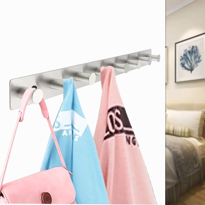 Coat Rack Wall Mounted, White Coat Hooks Screw in, Stainless Steel Door Hooks for Hanging Hat Towels Clothes, Hook Rail with 8 Round Hangers (Silver, 8 Hooks)