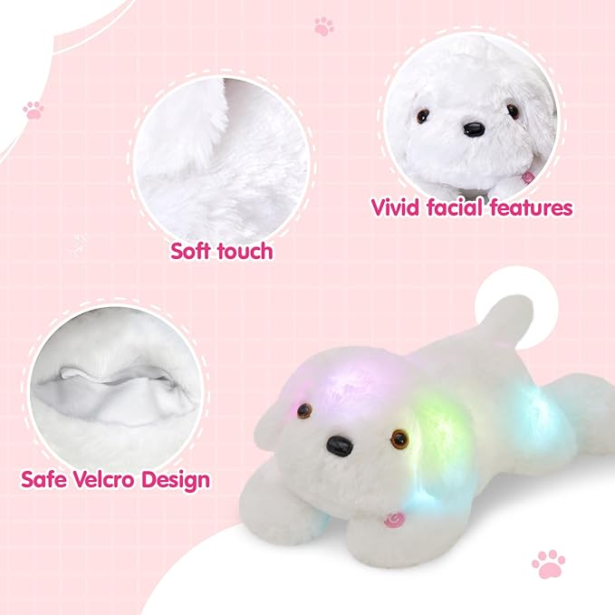 WEWILL 18'' Light up White Puppy Dog LED Stuffed Animal with Colorful Night Light Glow Soft Plush Toy Gifts for Kids on Christmas Birthday