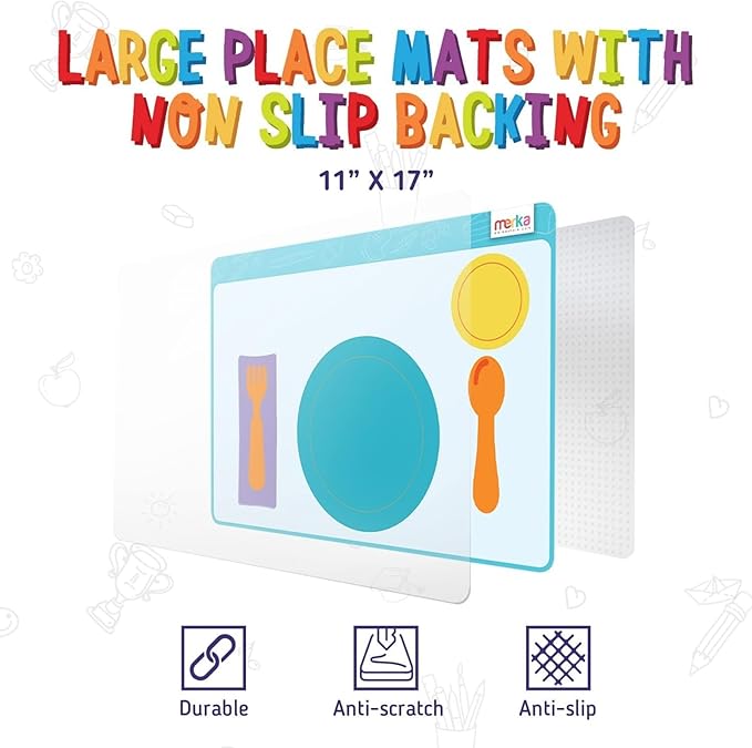 Merka Place Setting Placemat for Kids - 17 x 11 in, Multicolor Silicone, 2-Pack for Ages 2+ - Reusable & Washable Educational Placemat with Guided Utensil Placement & Table Manners