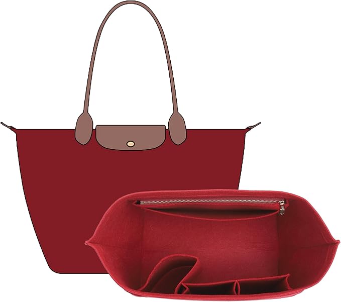 Felt Purse Organizer Insert Compatible with Longchamp Le Pliage Large and More, Zipper Long Champ Bag Organizer Insert with Cup Holder, 8 Compartments (Wine Red,L)