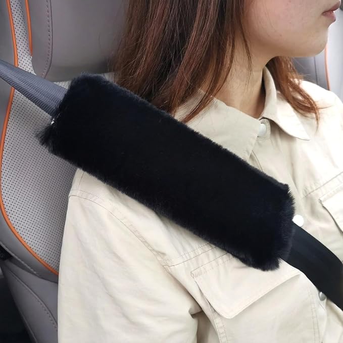 2-Pack Soft Plush Seatbelt Covers for Kids - Comfortable Seat Belt Cushion for Newborns - Car Seat/Stroller Strap Accessories - Enhanced Driving Comfort & Protection (Black)