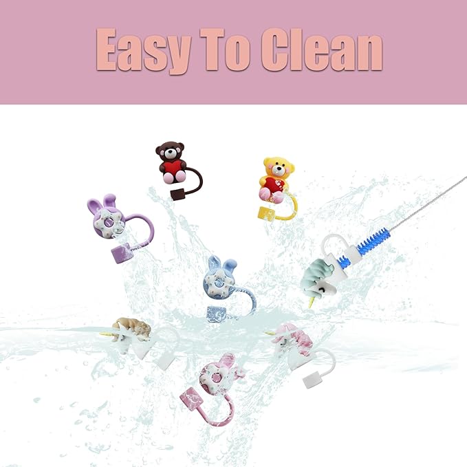 8Pcs Cute 10mm Animals Straw Covers Cap for Stanley Cup,Silicone Straw Toppers Compatible with Stanley 30&40 Oz Tumblers with Handle, Dust-Proof Reusable Lids Tumbler Cup Accessories