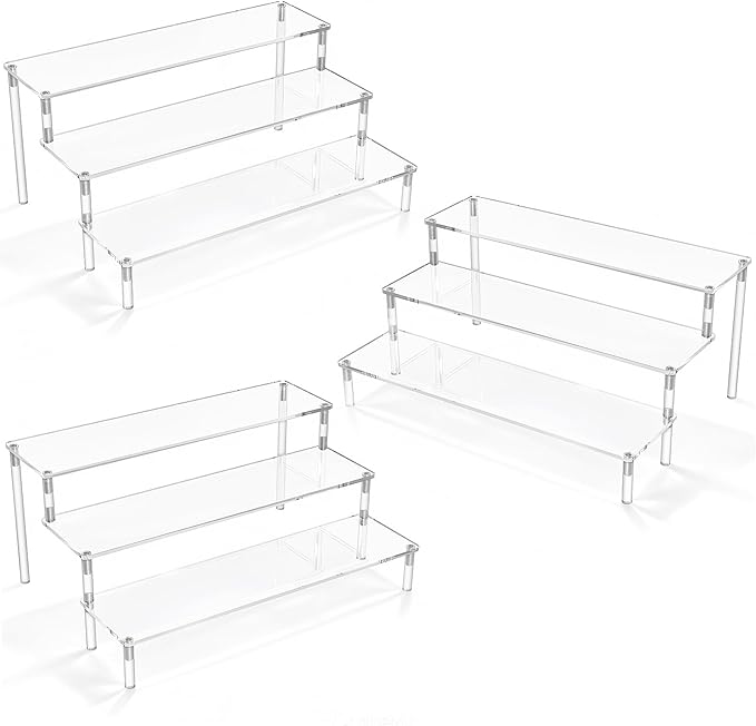 AZEAM Acrylic Display Risers,Clear Acrylic Risers Display Stand Shelf 3 Tiered Cupcake Stand Perfect for Amiibo Funko Pop Figure Desserts Stand Tabletop Perfume Colognes Toys Collections Cosmetic