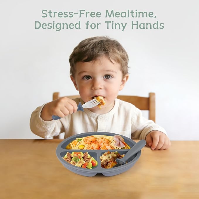 Eascrozn Toddler Plates, 3 Pack Divided Baby Plates with Suction, Food Grade Silicone Baby Led Weaning Supplies, BPA Free, Non-Slip, Microwave and Dishwasher Safe