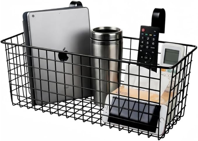 Metal Hanging Bedside Basket for Bunk Beds & Collage Dorms - Cabinet Wire Organizer for Storage, Multi-Use Large Organizing Caddy for Bedroom, Office (Black/Large)