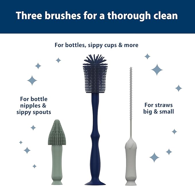 Dr. Brown's Silicone Cleaning Brush Set with Bottle, Spout, and Straw Brush, 3-Pack + Soft Touch No Scratch Baby Bottle Cleaning Brush, Blue