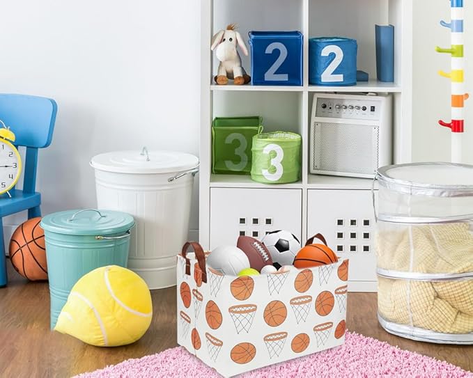 Sanjiaofen Rectangular Baketball Baskets,Kids Basket for Boy.Waterproof PE Coating Cute Basket with Handles.Boys Bin,Toys Box,Books Bins. (Basketball)