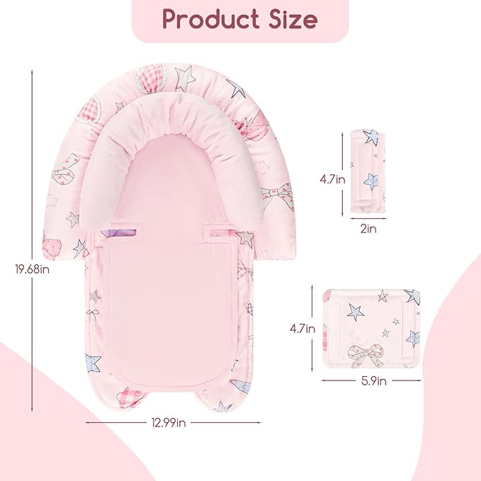 GFU Baby Car Seat Head Support for Newborn, 2 in 1 Infant Car Seat Head Body Support with Strap Pads, Soft Stroller Cushion Pillow Insert for Girls, Fits for Stroller, Swing, Pink Stars