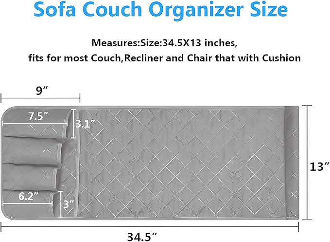 Sofa Armrest Organizer Non-Slip Arm Chair Bedside Caddy Storage Organizer for Recliner Couch with 5 Pockets for Cell Phone TV Remote Control Magazines (LIGHT GRAY)