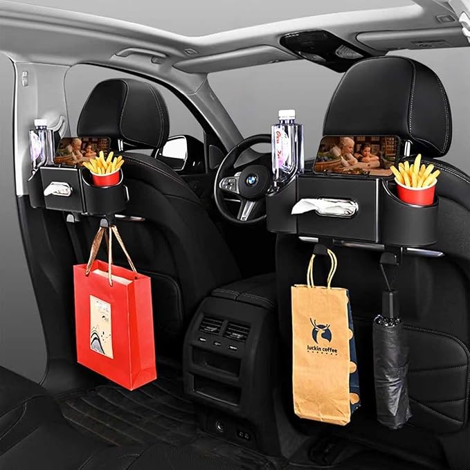 Back Seat Car Organizer,4 in 1 Multifunctional Car Back Seat Storage Box with Drink Cup Holder Tissue Box, for Hold Phone,Snacks, Drinks, Handbag-Black