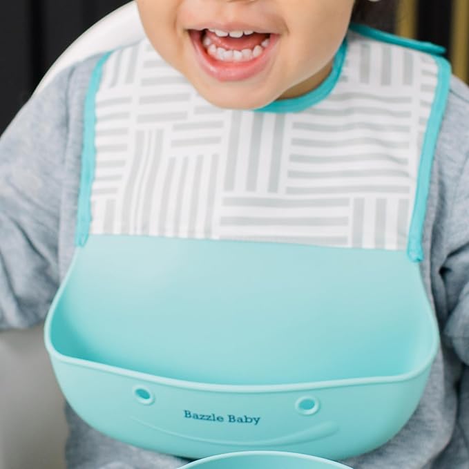 Bazzle Baby Silicone Bibs with Food Catcher - Rolls Up and Button closed for easy travel and storage Waterproof 2-Pk