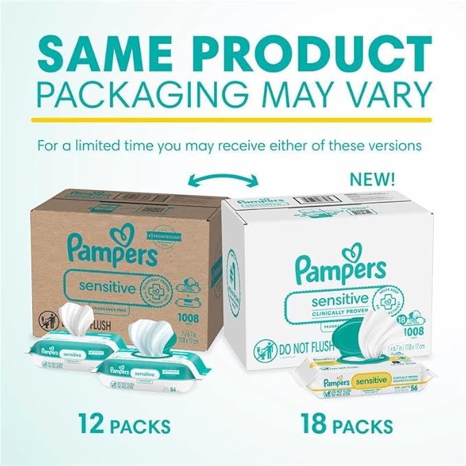 Pampers Sensitive Baby Wipes, Clinically Proven, Fragrance Free, Unscented, Water Based, Hypoallergenic, Multi-Use, Hand Wipes 1008 Wipes Total (18X Flip-Top Packs) [Packaging May Vary]