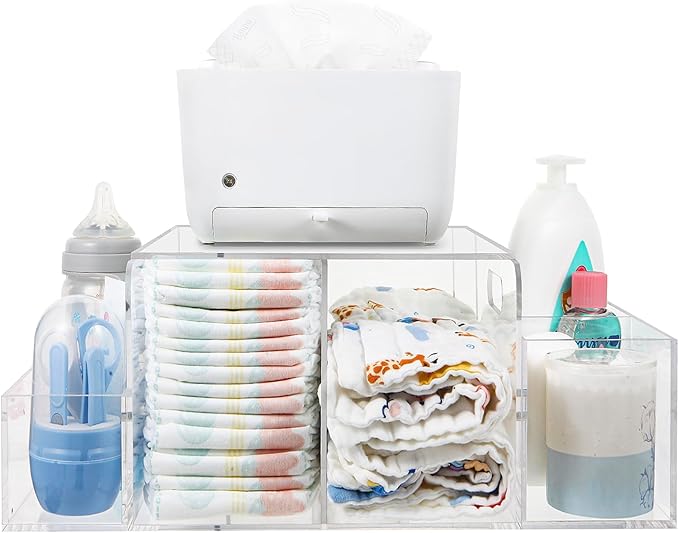 Acrylic Diaper Caddy, Baby Wipes Organizer for Changing Table, Dresser Top Tabletop Organizer with 4 Detachable Compartments, Anti-slip Rubber Feet, Newborn Baby Essentials, Clear