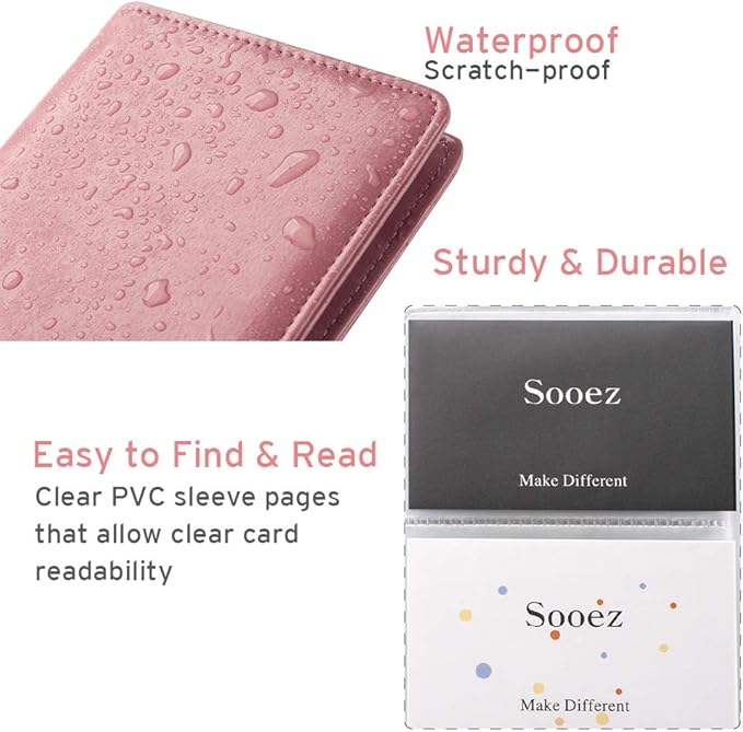Sooez Leather Professional Business Card Holder Organizer, 240 Card Capacity PU Name Credit Cards Booklet (Pink)
