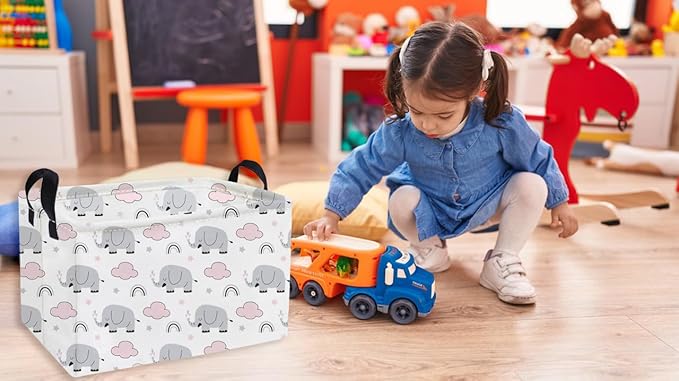 Essme Rectangular Kids Baskets,Elephant Storage Basket with Handles for Boys Room Decor, Toy Box,Cute Storage Bin（Rainbow elephants）