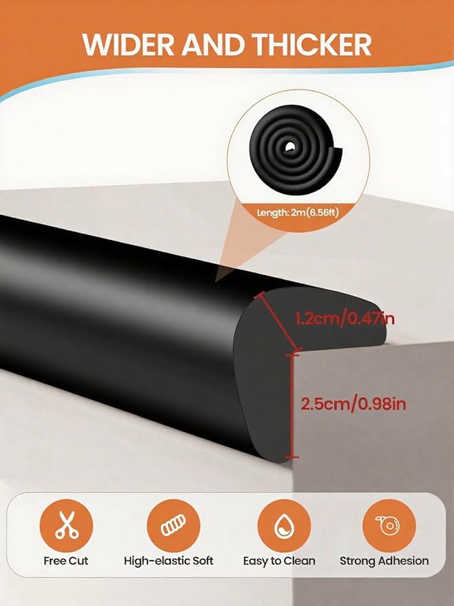 QYV Baby Proof Edge Corner Protector, 6.56FT 0.47''Th L-Shape Furniture Corner & Edge Safety Bumpers with 6 Corners, Pre-Taped, Soft NBR Rubber Foam Desk Edge Cushion Wall Corner Protector（Black）